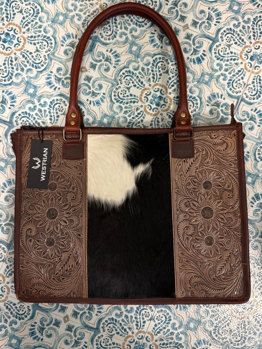 Brown Tooled Leather & Black-White Haircalf Tote